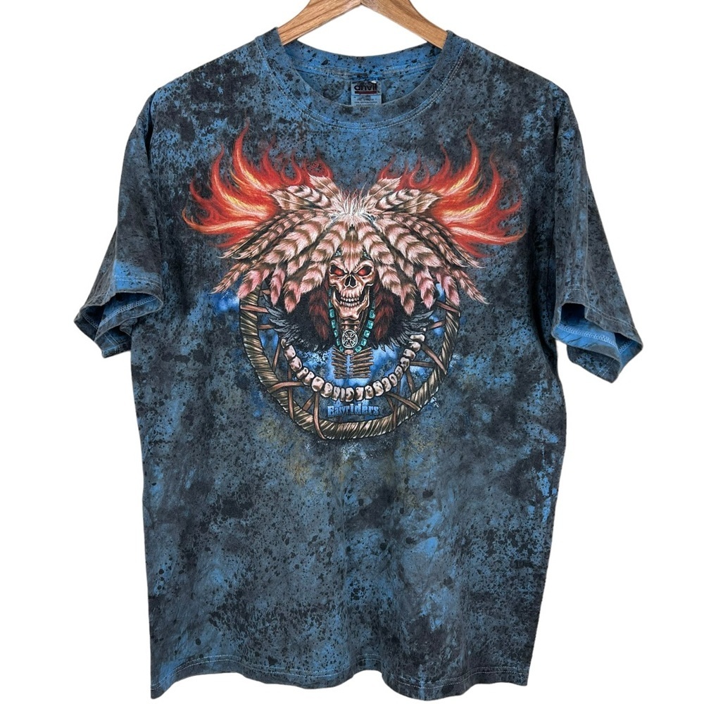 Anvil Easyriders Saloon Blue Black Tie Dye Skull Dreamcatcher T-Shirt Mens Sz L